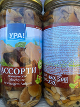 Load image into Gallery viewer, Mushrooms URA! shiitake gruzdi in salty garlic brine Maslyata Assorted