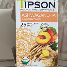 Load image into Gallery viewer, 80292 TIPSON Organic Ashwagandha GINGER & PEACH Caffeine Free 25 Tea Bags