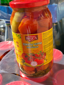 Preserved cherry tomatoes with dill & hot, mix with cucumbers 1L glass jar