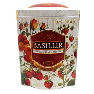 Basilur Fruit Infusions - Strawberry & Raspberry Herbal tea with berries & cherry 100g Metal tin Caffeine Free