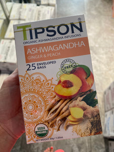 80292 TIPSON Organic Ashwagandha GINGER & PEACH Caffeine Free 25 Tea Bags