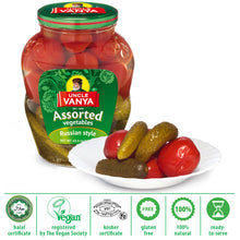 Load image into Gallery viewer, UNCLE VANYA Assorted vegetables tomatoes &amp; cucumbers 680g glass bottle