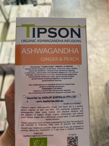 80292 TIPSON Organic Ashwagandha GINGER & PEACH Caffeine Free 25 Tea Bags