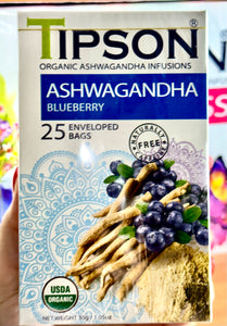 80296 TIPSON Organic Ashwagandha BLUEBERRY Caffeine Free 25 Tea Bags
